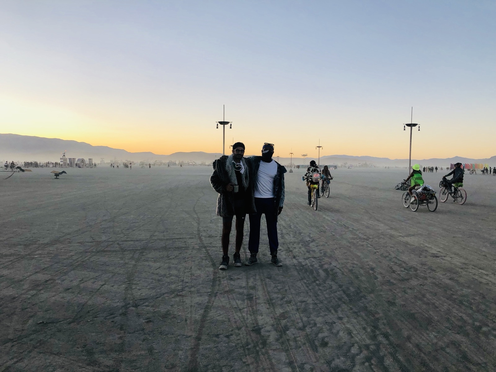 Lee Hnetinka on the playa at sunset, Burning Man, Black Rock Desert, Nevada