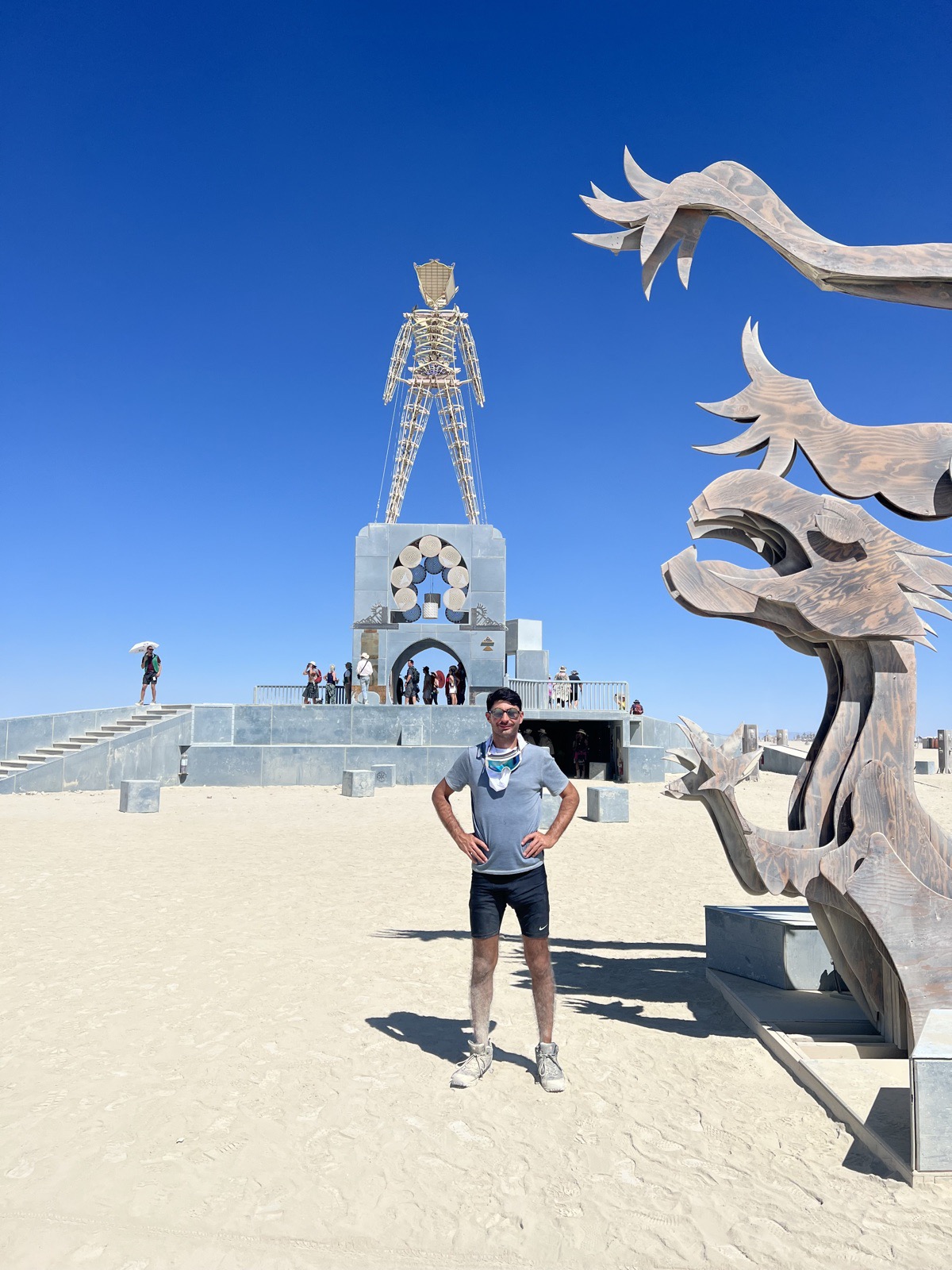 Lee Hnetinka at the base of the Man, Burning Man, Black Rock Desert, Nevada