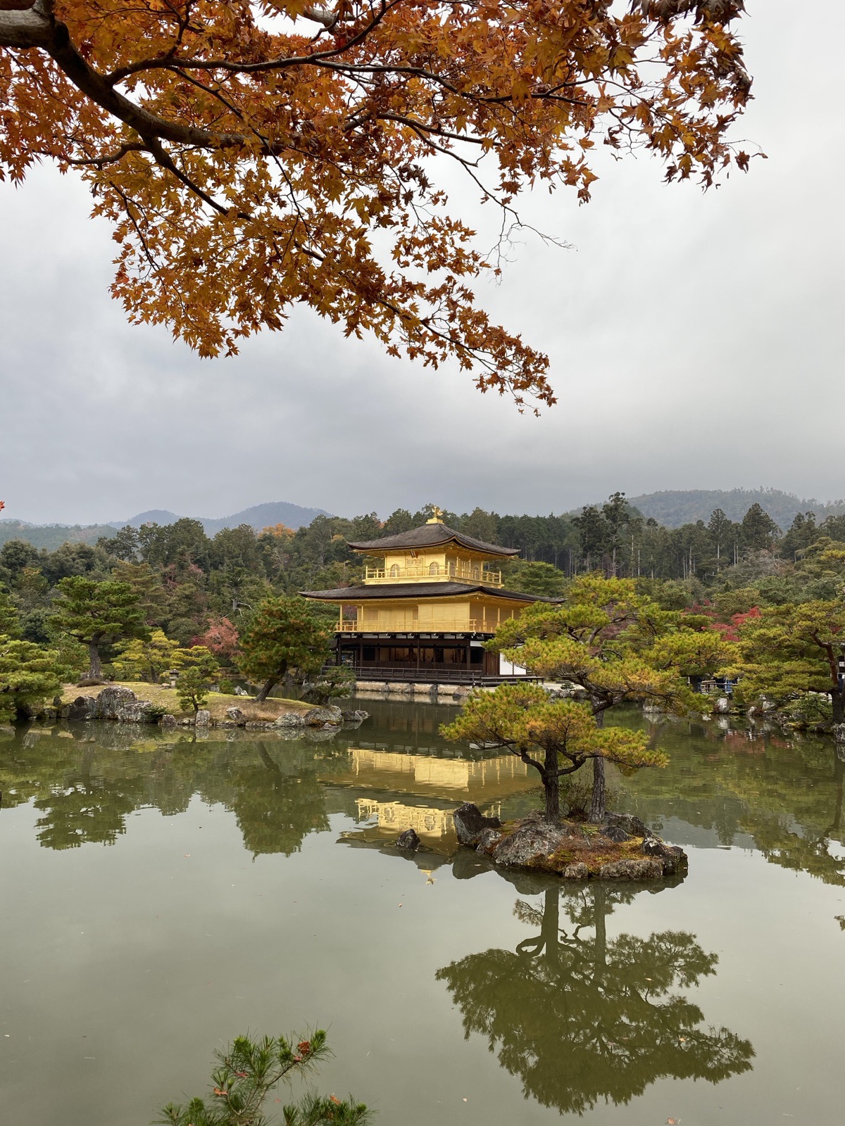 The Golden Pavilion, Kinkaku-ji, framed by autumn maple leaves in Kyoto, Japan, photographed by Lee Hnetinka