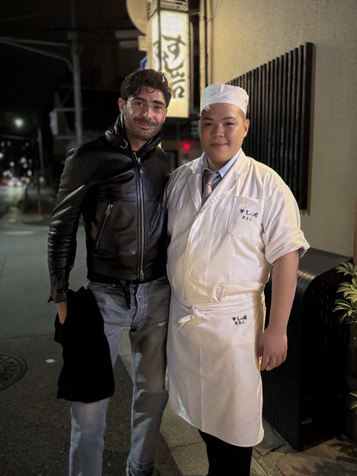 Lee Hnetinka with a chef at Sushiiwa, the sushi restaurant in Kyoto, Japan, 2024