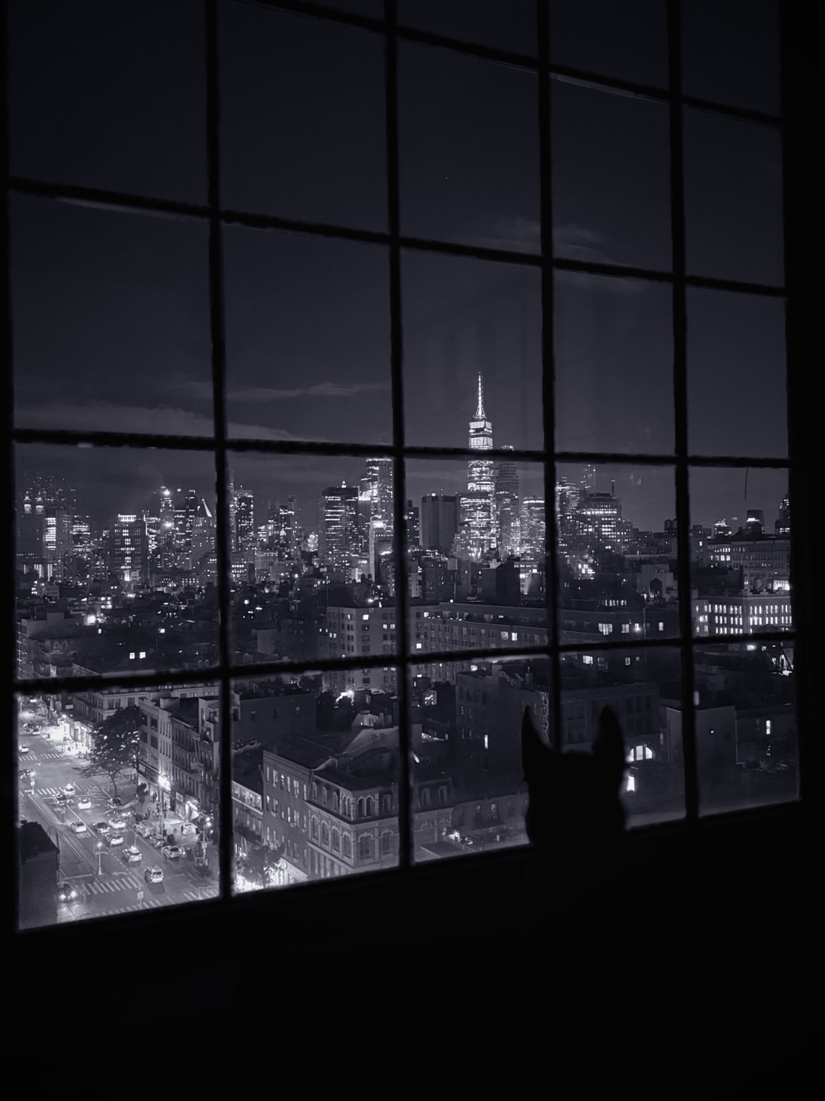 Manhattan at night in black and white, New York City, photographed by Lee Hnetinka