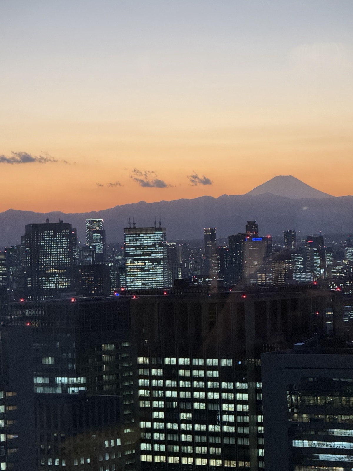 Mount Fuji on the horizon beyond the Tokyo skyline at dusk, Japan, photographed by Lee Hnetinka